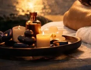 Oil, candles and stones on a wooden tray